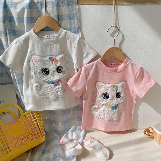 Kids T-shirt pair: white and pink cat graphic prints, short sleeves