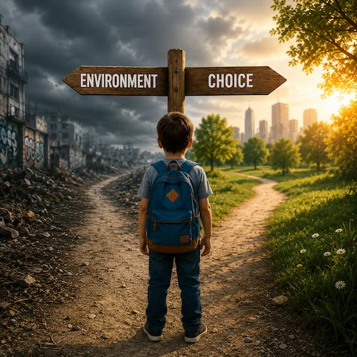 boy choosing what way to go at fork in road
