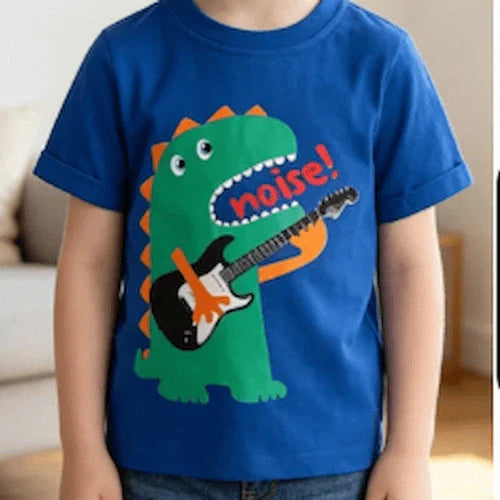 Boys blue T-Shirt with dinosaur playing guitar print