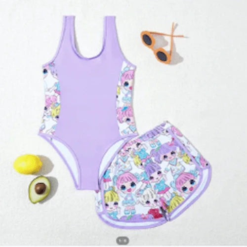 girls purple swimsuit and matching shorts