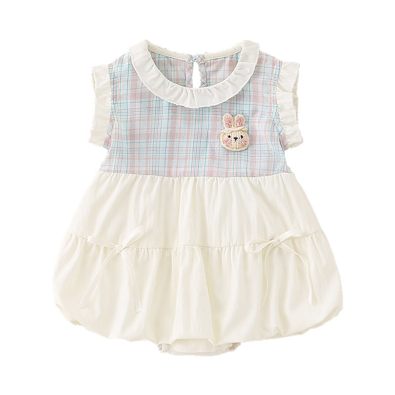 Newborn Baby Summer Romper Dress, Cute Cartoon Onesie for Girls Checkered Bodysuit