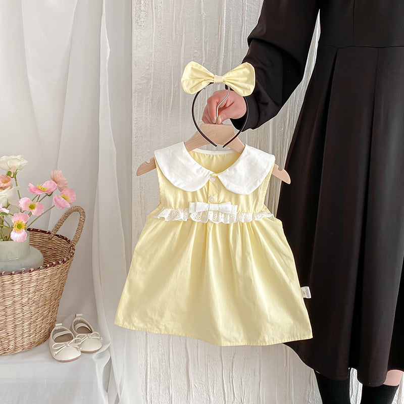 Baby Girls' Sleeveless Ins Triangular Romper Dress, Cream Yellow, Summer Outfit for Toddlers