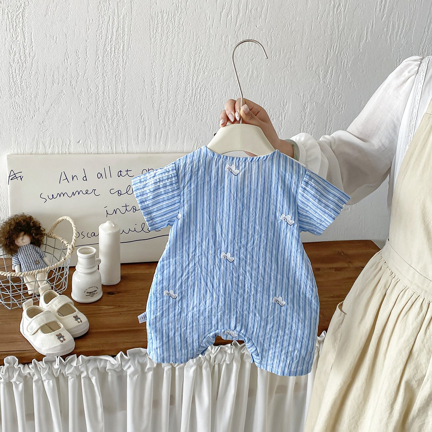 Cute Cartoon Embroidered Stripe Turn-Down Collar Short Sleeve Romper Baby Casual One-Piece