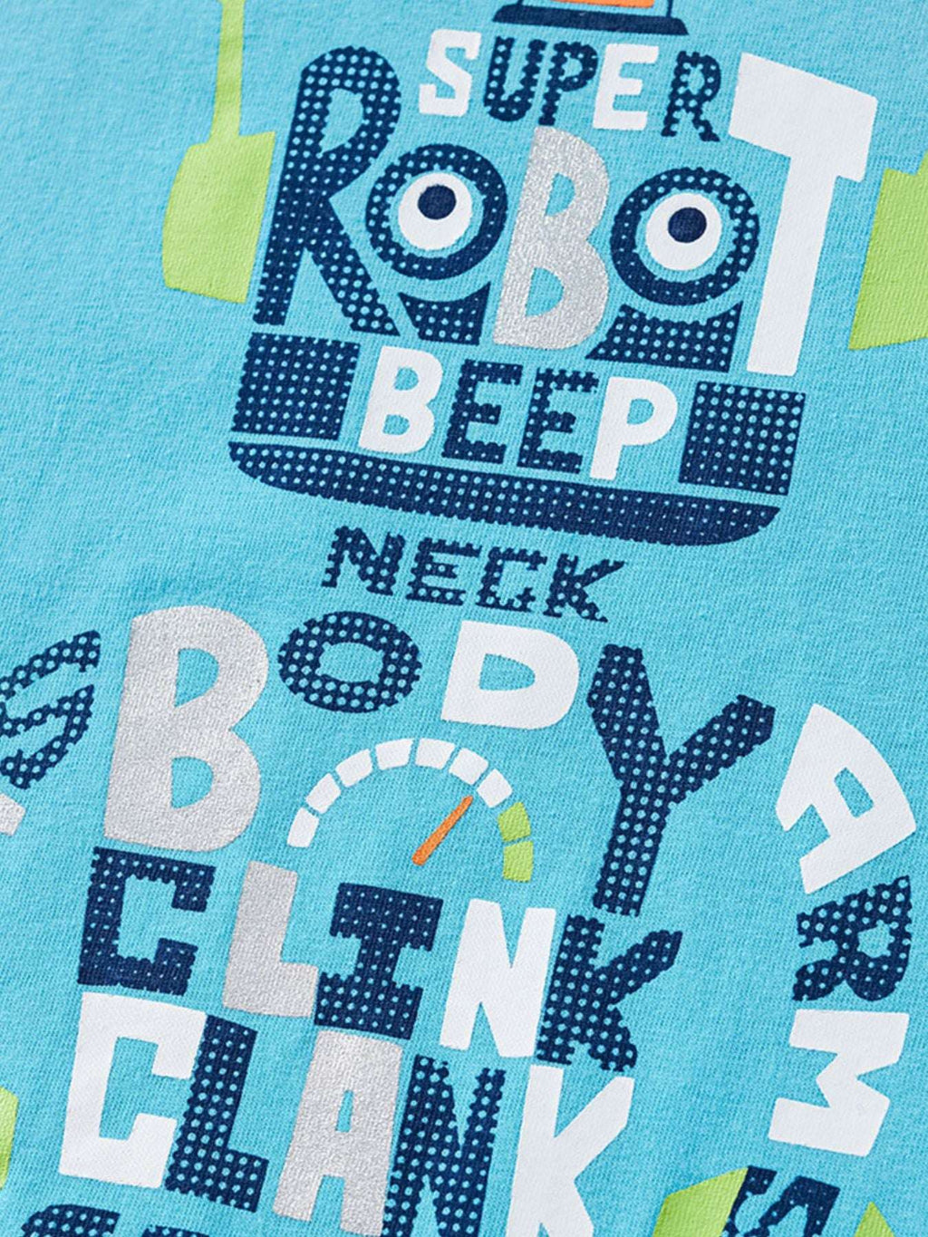 Pastel blue tee with large robot and block letter print graphic