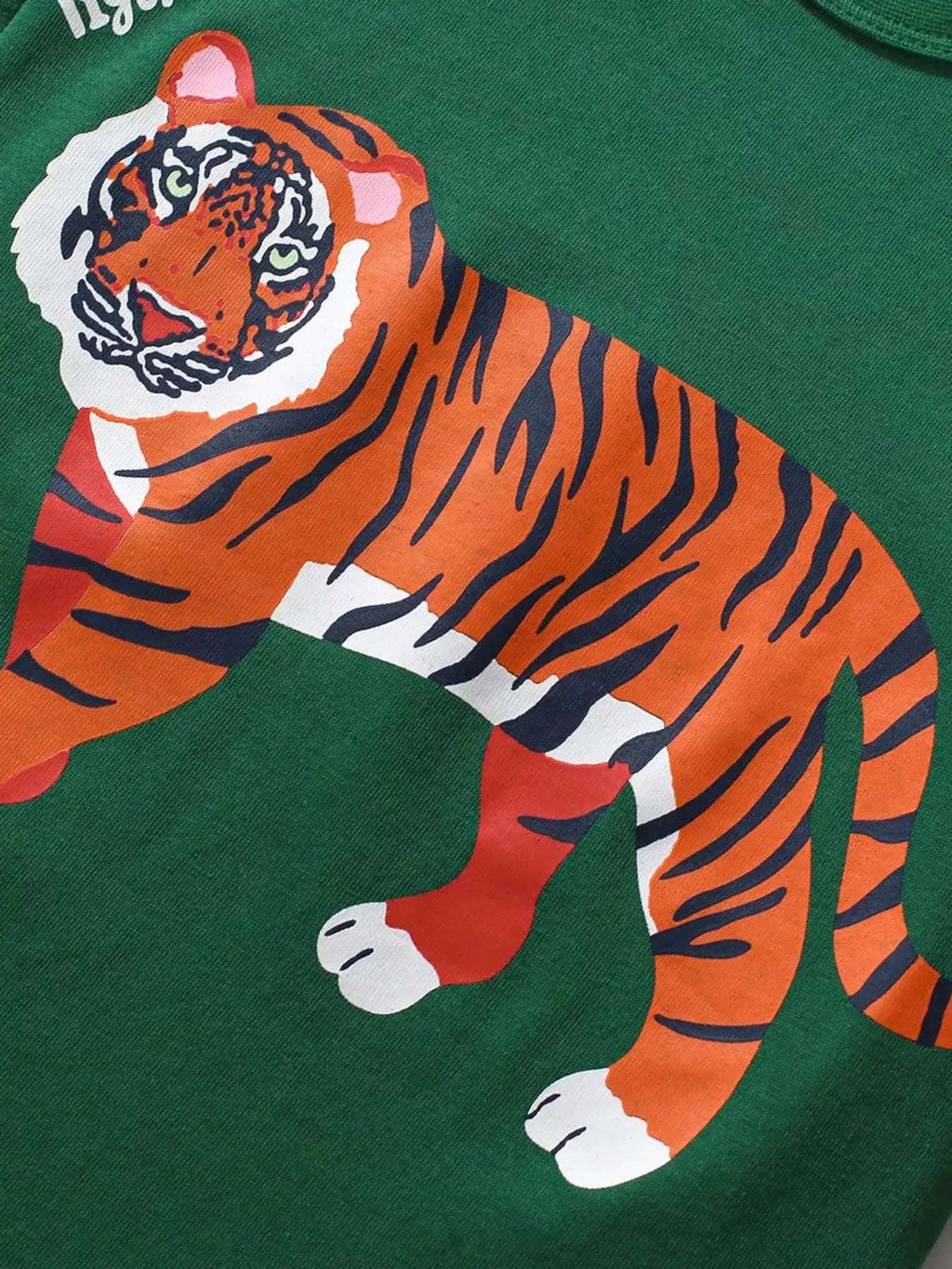 Dark green kids crew neck T-shirt with orange tiger graphic print and long sleeves