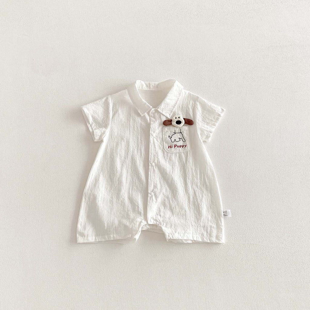 Summer New Boys' Cool White Polo Neck Romper, Baby Thin Cotton Short Sleeve Crawling Suit