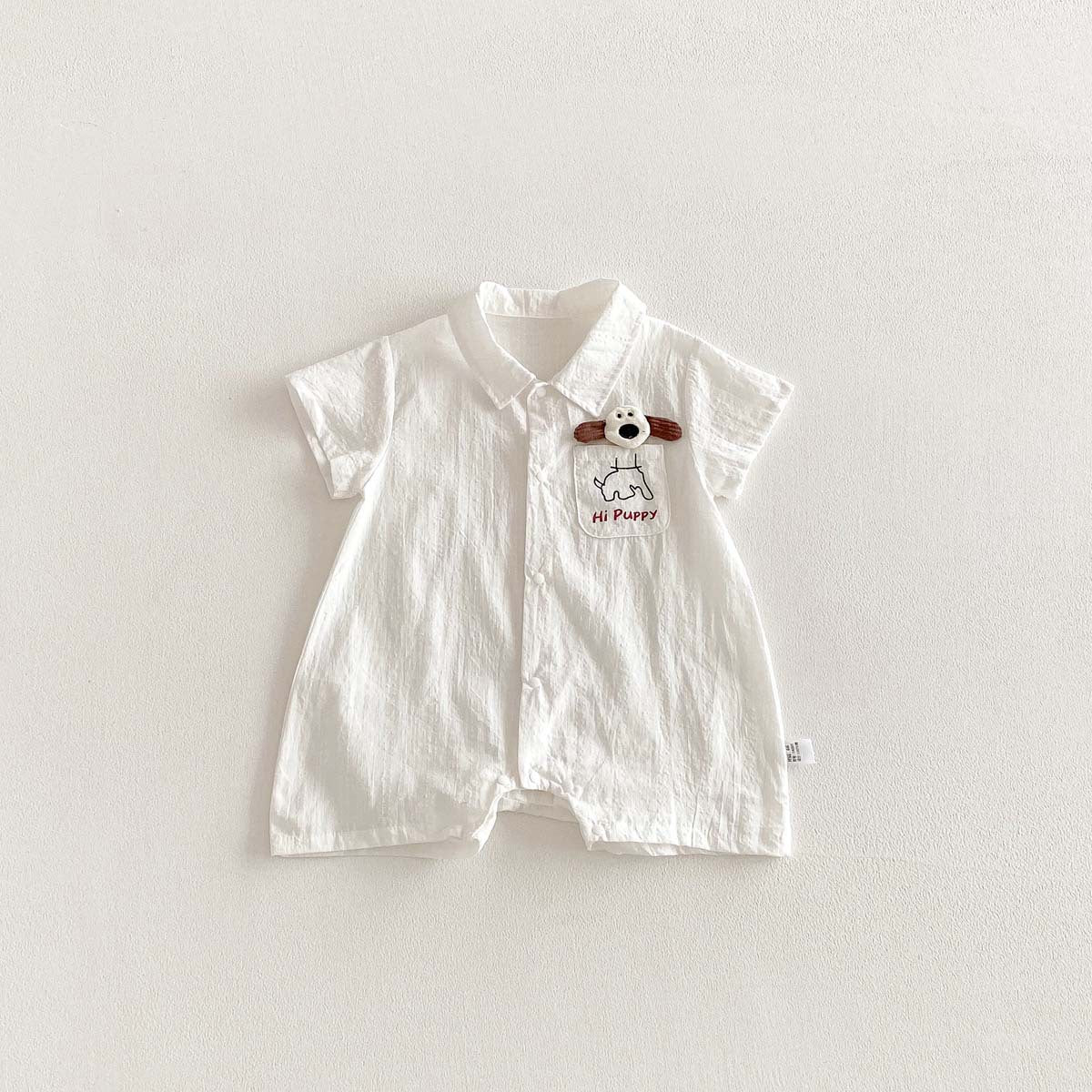 Summer New Boys' Cool White Polo Neck Romper, Baby Thin Cotton Short Sleeve Crawling Suit