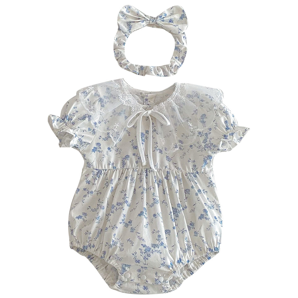 Cute Baby Short Sleeve Triangular Romper with Lace Collar Princess Dress Fashion Twin Set