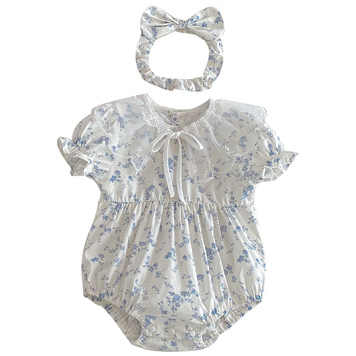 Cute Baby Short Sleeve Triangular Romper with Lace Collar Princess Dress Fashion Twin Set