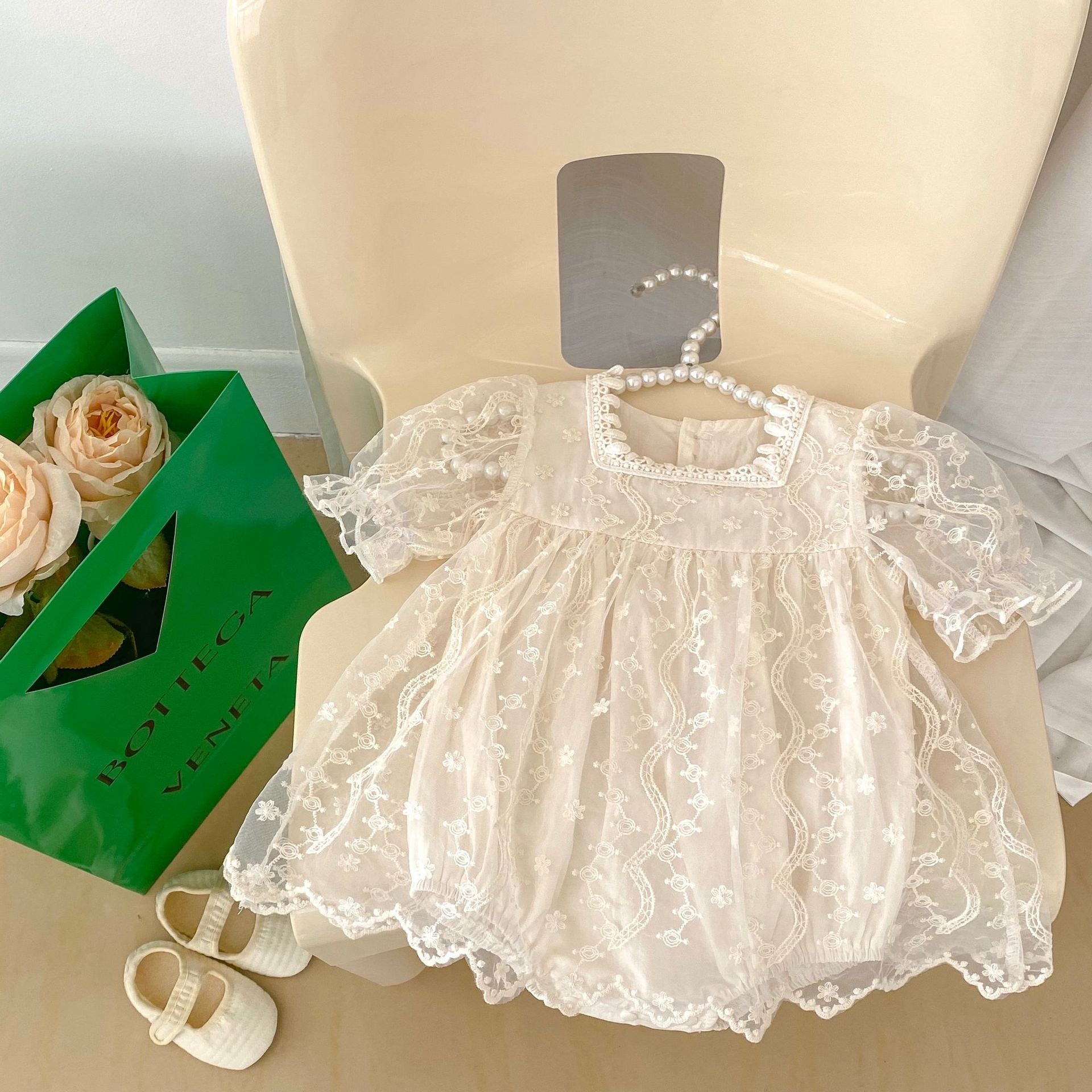 Baby Romper Short Sleeve Mesh Onesie Sweet Princess Embroidered Baby Dress Outfit for Celebration Crawling Suit