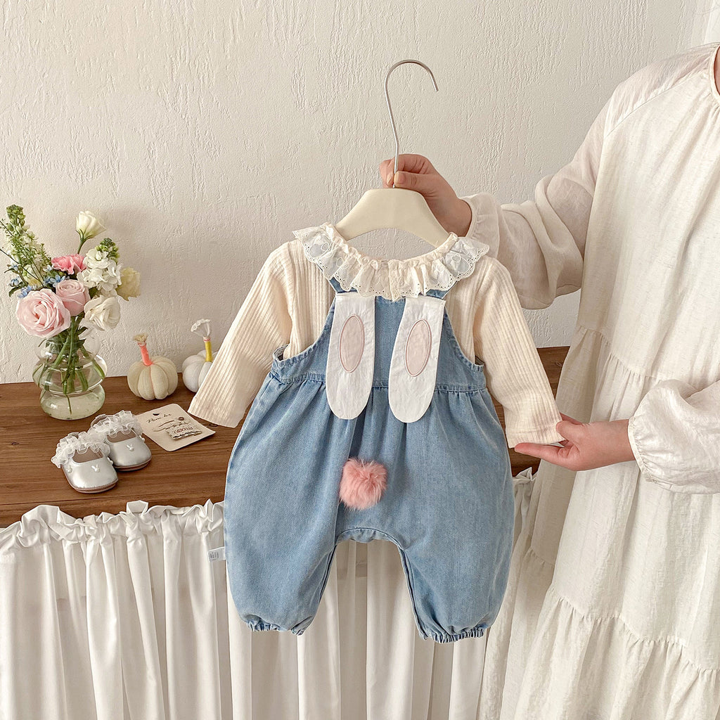 Baby Spring New Rabbit Ears Overalls Set, Girl Baby Lace Shirt Bodysuit Two-Piece Set