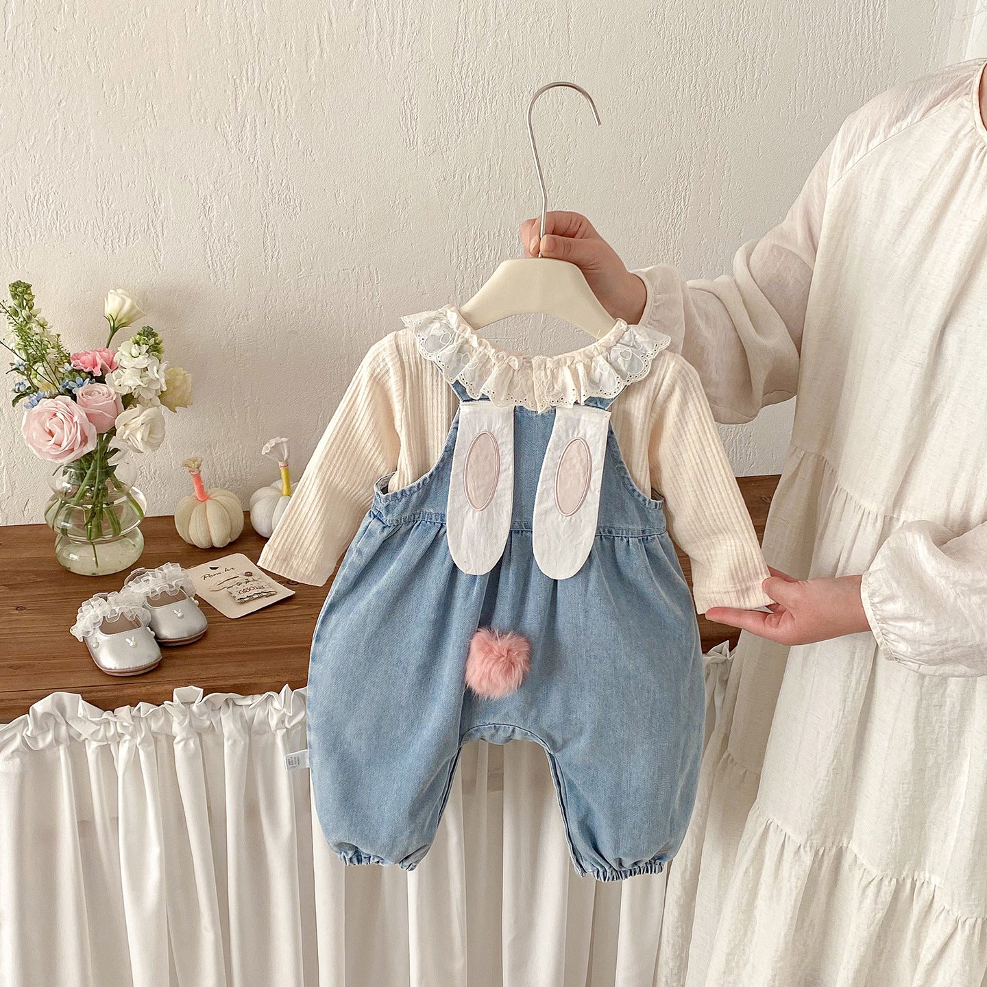 Baby Spring New Rabbit Ears Overalls Set, Girl Baby Lace Shirt Bodysuit Two-Piece Set