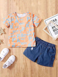 Kids orange T-shirt with blue letter print and denim shorts set