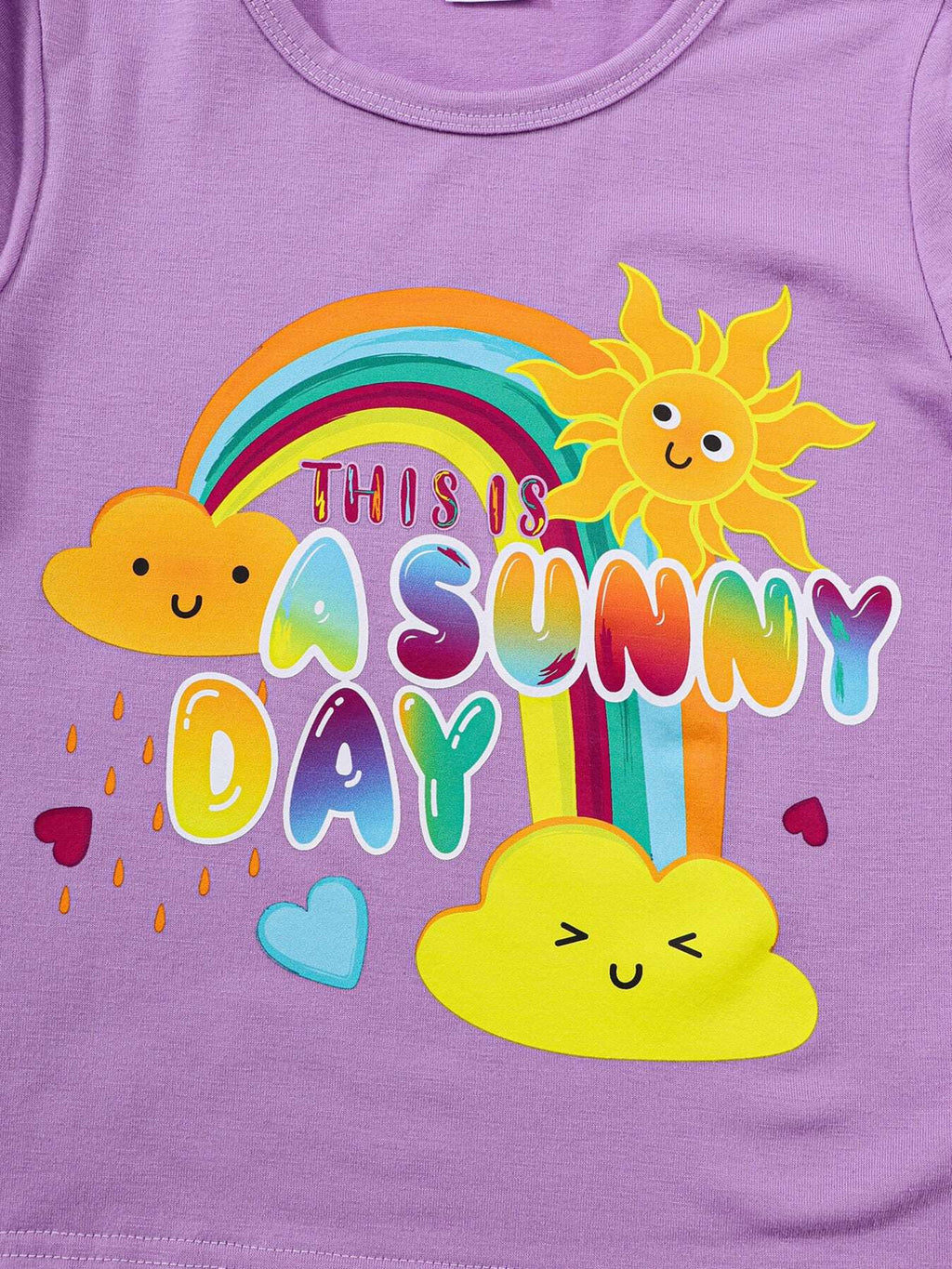 Kids purple short sleeve tee with 'This Is a Sunny Day' rainbow graphic