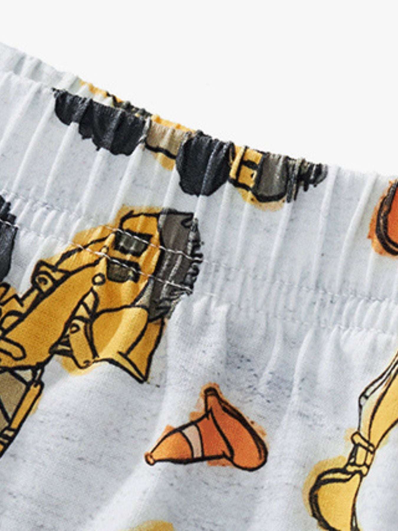 Kids construction shorts with elastic waistband and multicolor vehicle print on white