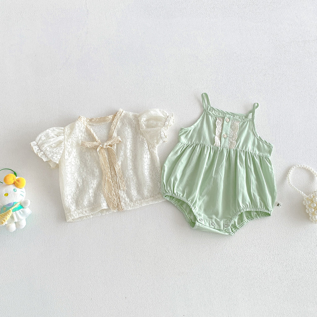 Cute Lace Puff Sleeve Cardigan Thin Outerwear with Matching Romper Set for Baby Girls Summer New Style