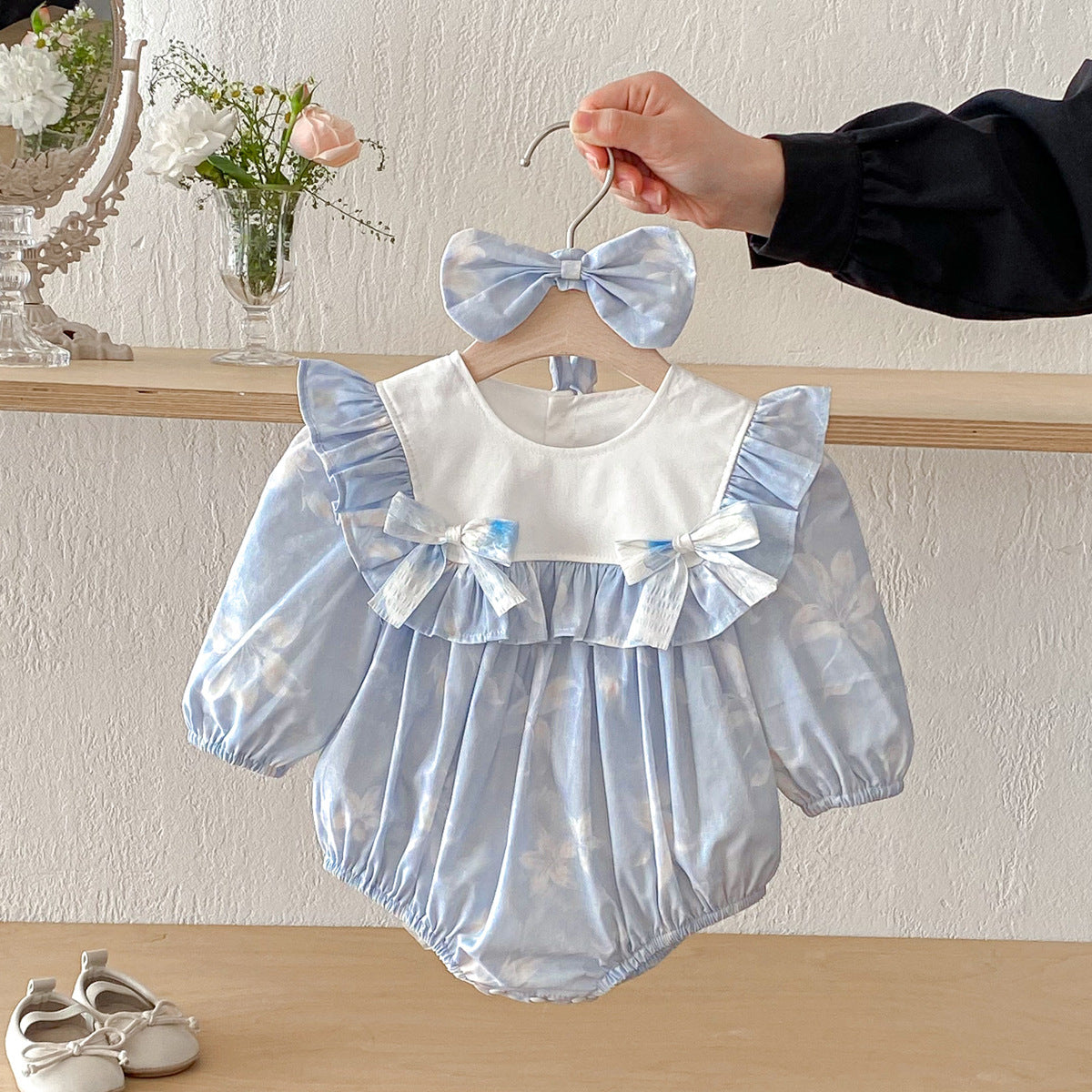 Cute Baby Girl Bodysuit with Blue Bow Dress, Spring Sister Outfit for Toddlers