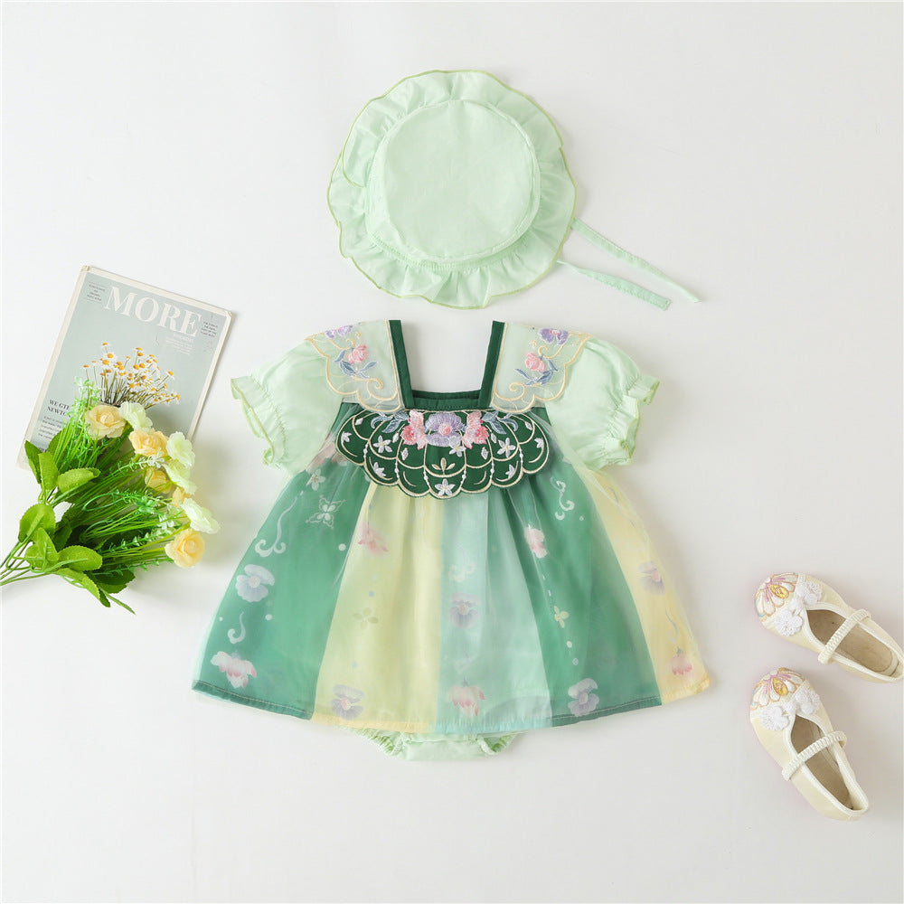 Summer Girls' Short Sleeve Retro Baby Hanfu Strapless Baby Romper, Baby Tang Suit Romper Dress