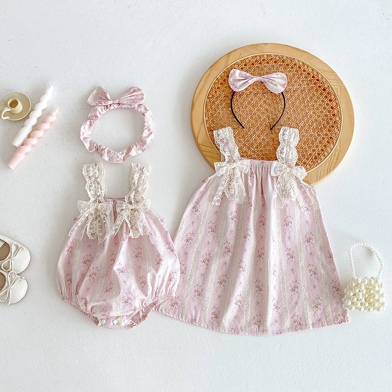 Cute Floral Baby Girl Romper with Lace Butterfly Ties Sleeveless Dress for Summer