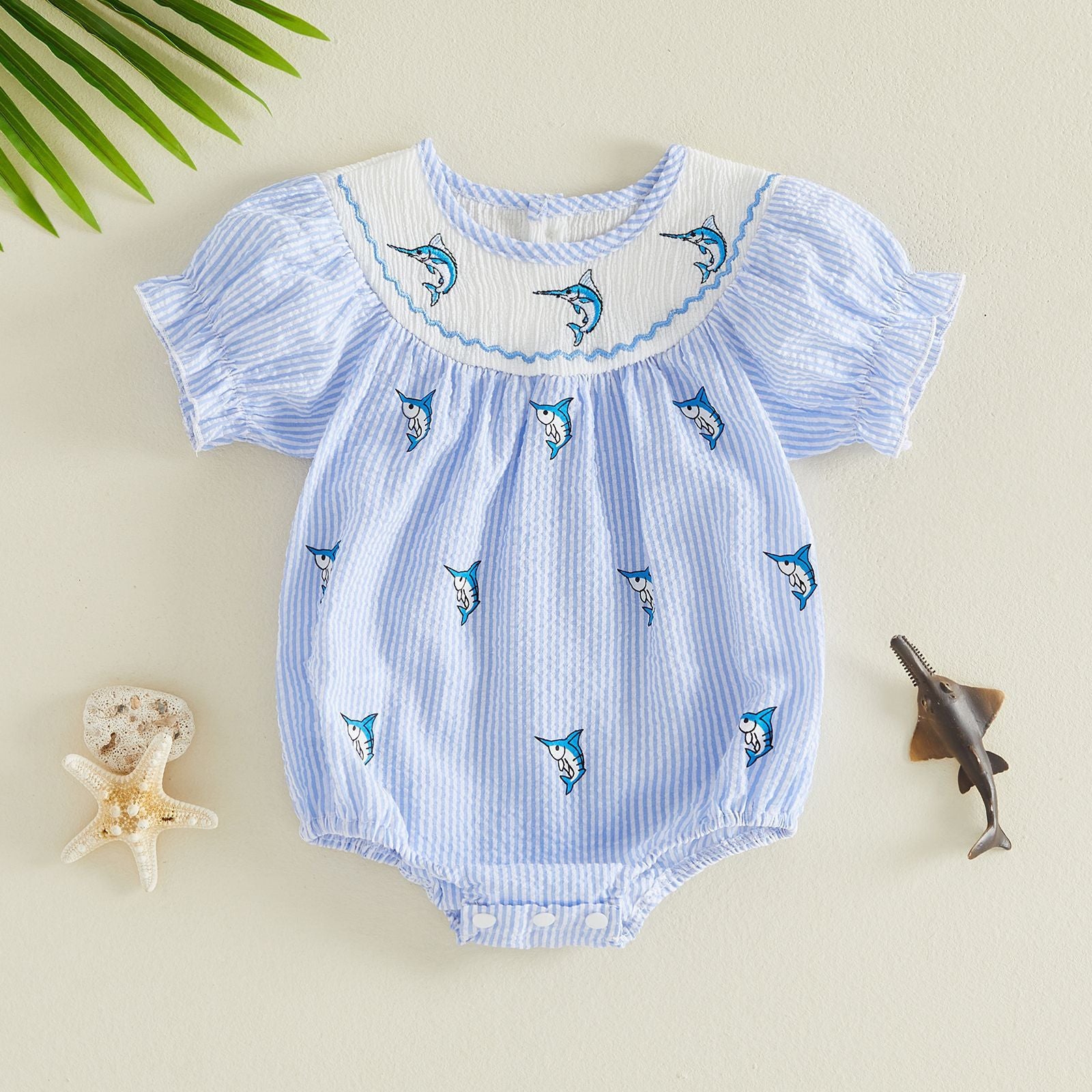 Summer Blue and White Stripe Swordfish Embroidery Romper Short Sleeve Baby Cute Bodysuit Summer Outfit