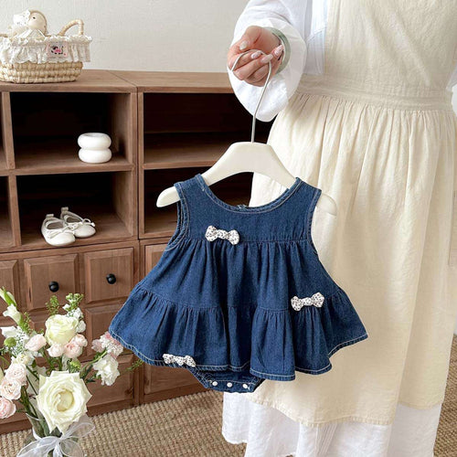 Denim baby romper dress with layered skirt and 3D bow appliques, sleeveless
