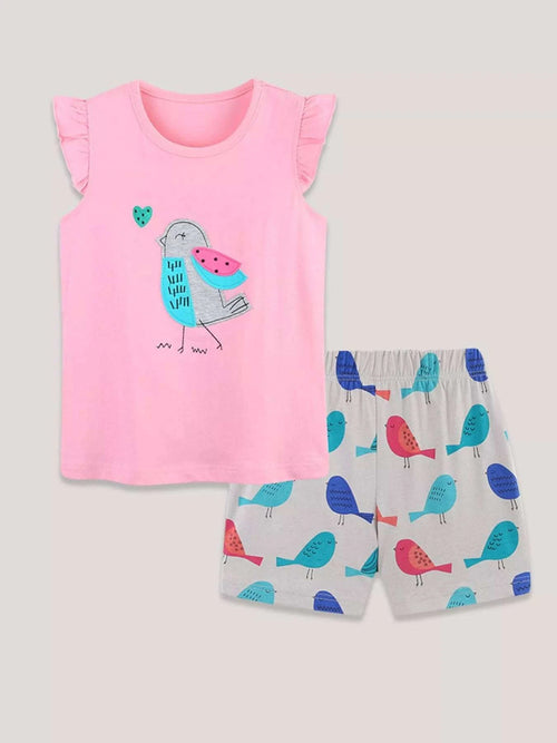 Pink bird print ruffle-sleeve top with matching bird print shorts set