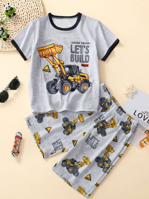 Light gray kids tee and shorts set with bulldozer print, black trim, yellow truck graphic