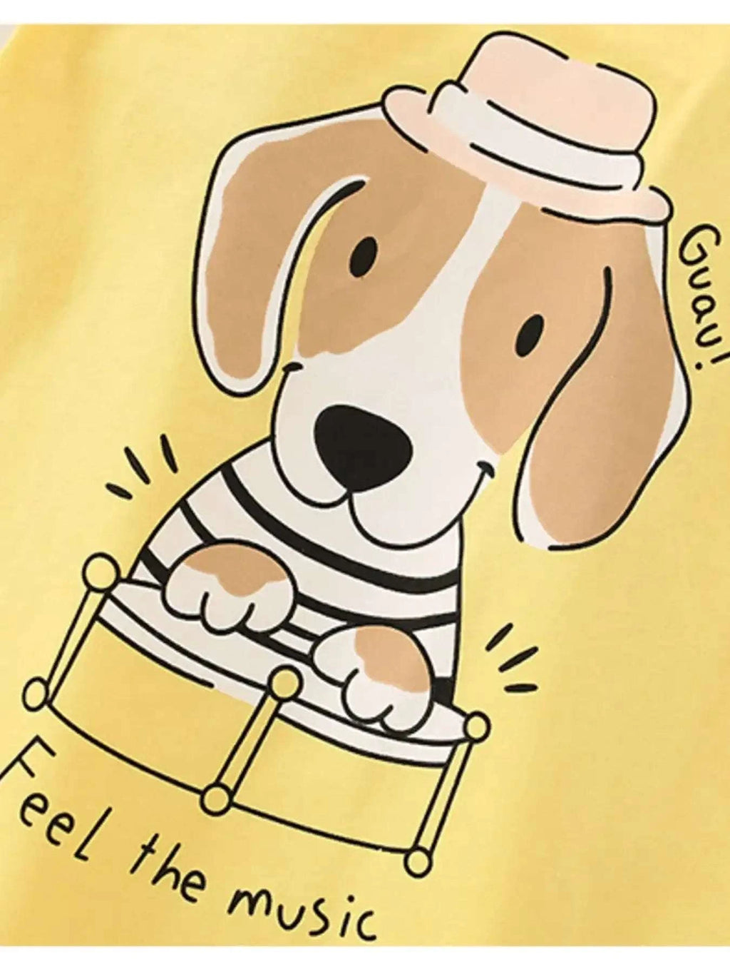Children's yellow dog graphic T-shirt with drummer dog and 'Feel the music' text
