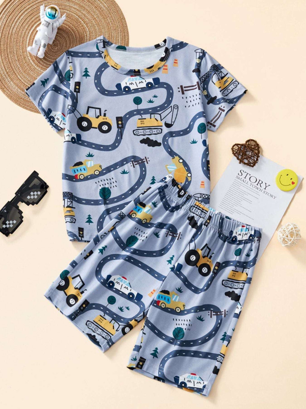 Dusty blue children's construction vehicle print top and elastic-waist shorts set