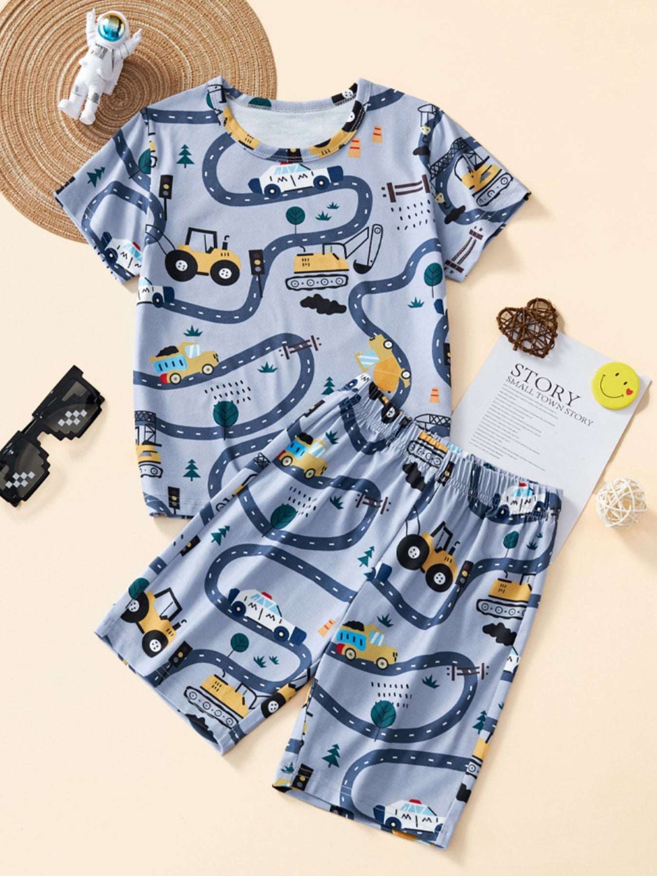 Dusty blue children's construction vehicle print top and elastic-waist shorts set