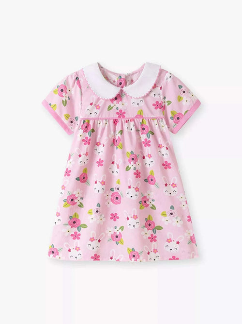 Blush pink girls' A-line dress with Peter Pan collar and colorful bunny-floral print