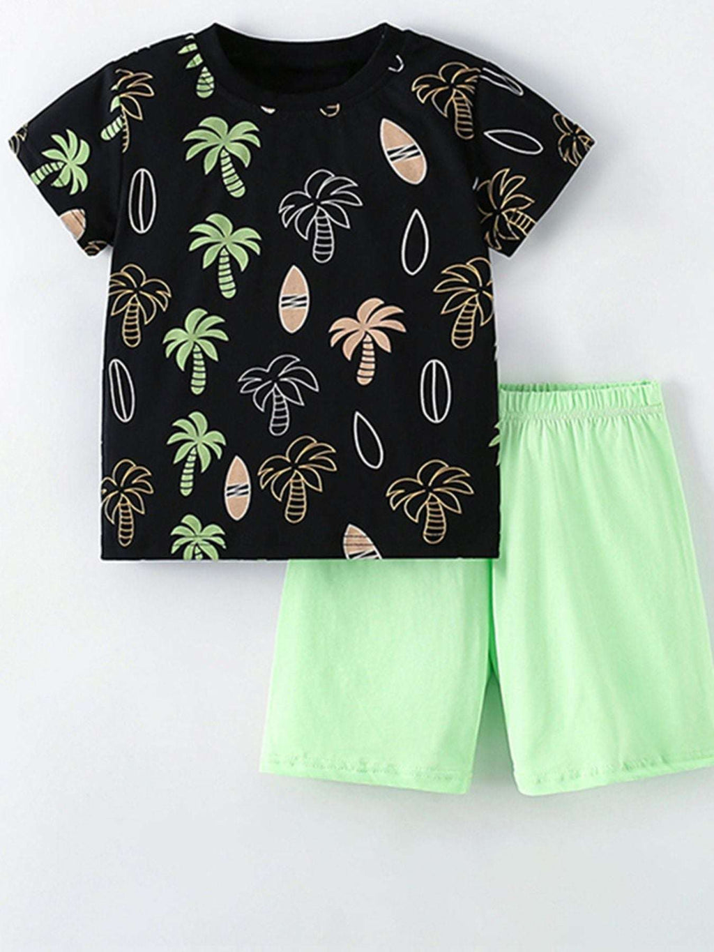 Black tropical print tee and light green shorts set for kids