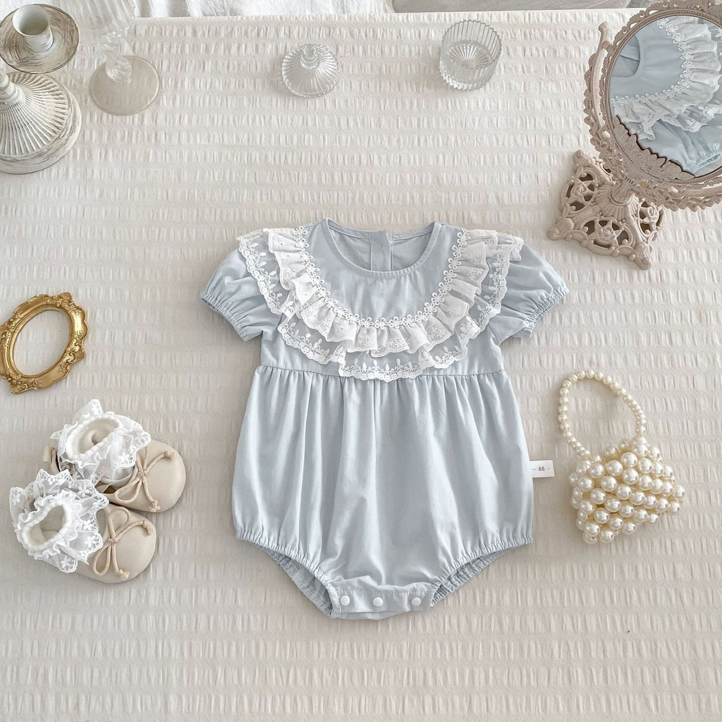 Baby Summer Romper New Style Puff Sleeve Onesie Sweet Lace Bib Overall Girl Baby 100-Day Crawling Outfit
