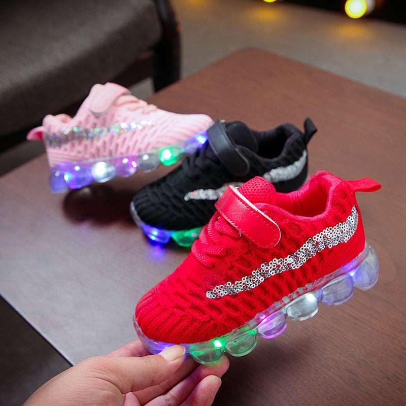 Children's LED light sneakers with hook-and-loop, red and black mesh uppers, glowing soles