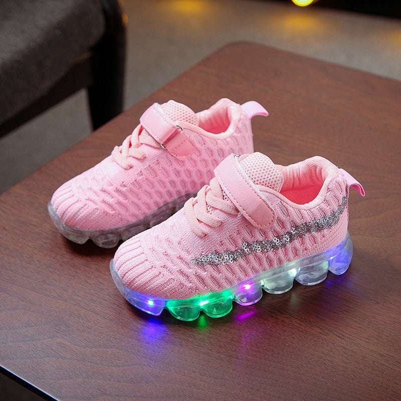 Children's LED light sneakers in light pink, hook-and-loop strap, glowing outsole lights
