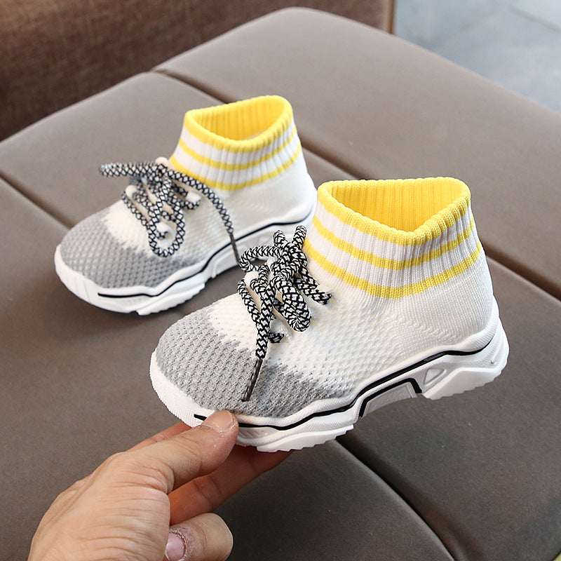 Children's knitted sock shoes, light gray with yellow knit sides and yellow striped collar