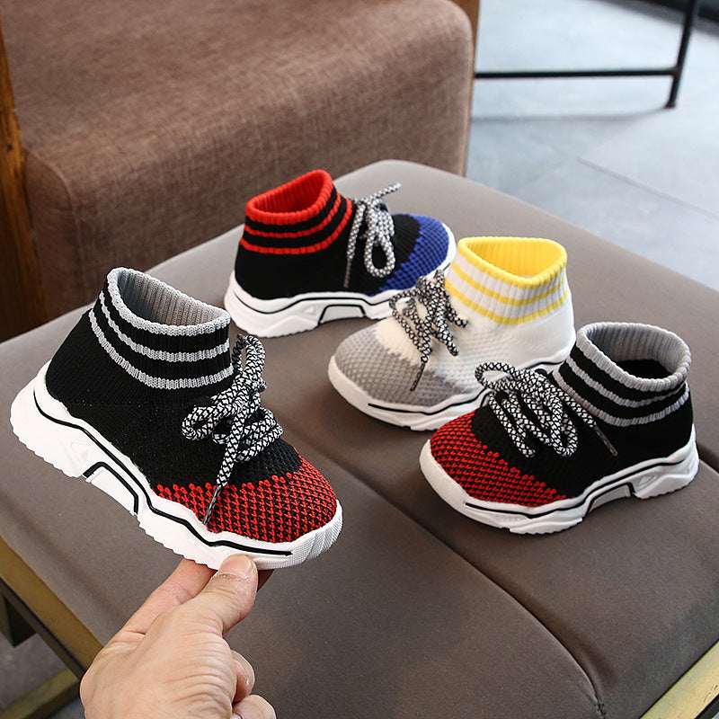 Children's knitted sock shoes assortment: black/red, navy/blue/red, and gray/yellow pairs