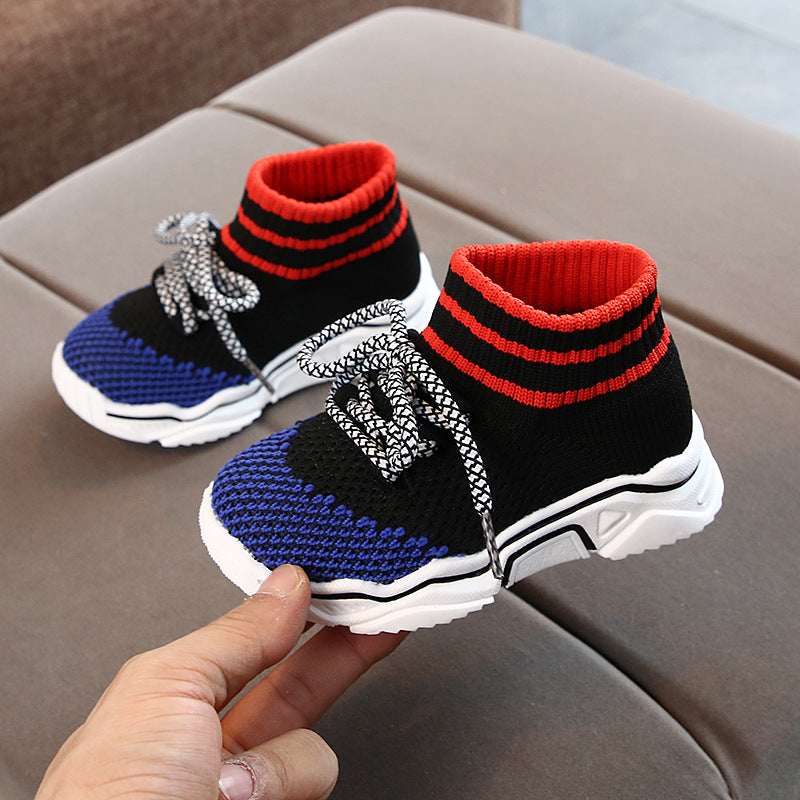 Children's knitted sock shoes, black with blue knit panels and red striped ankle collar