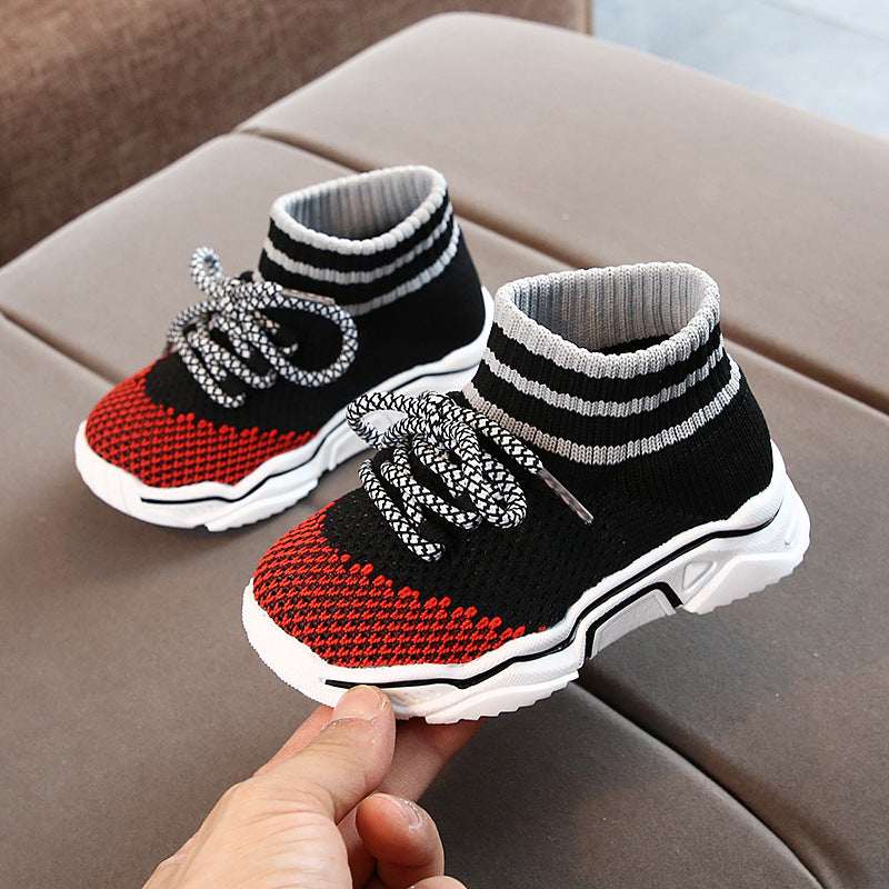 Children's knitted sock shoes pair, black knit with red side panel and white striped trim