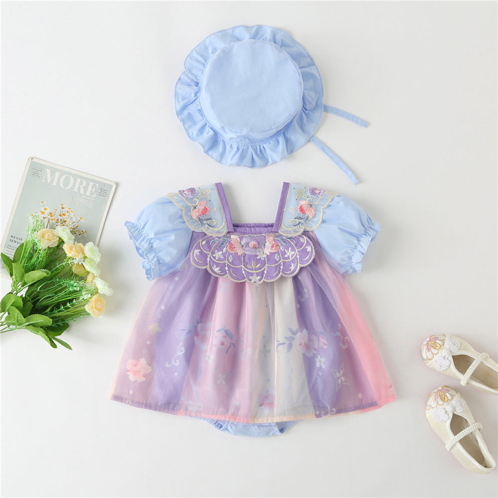 Summer Girls' Short Sleeve Retro Baby Hanfu Strapless Baby Romper, Baby Tang Suit Romper Dress