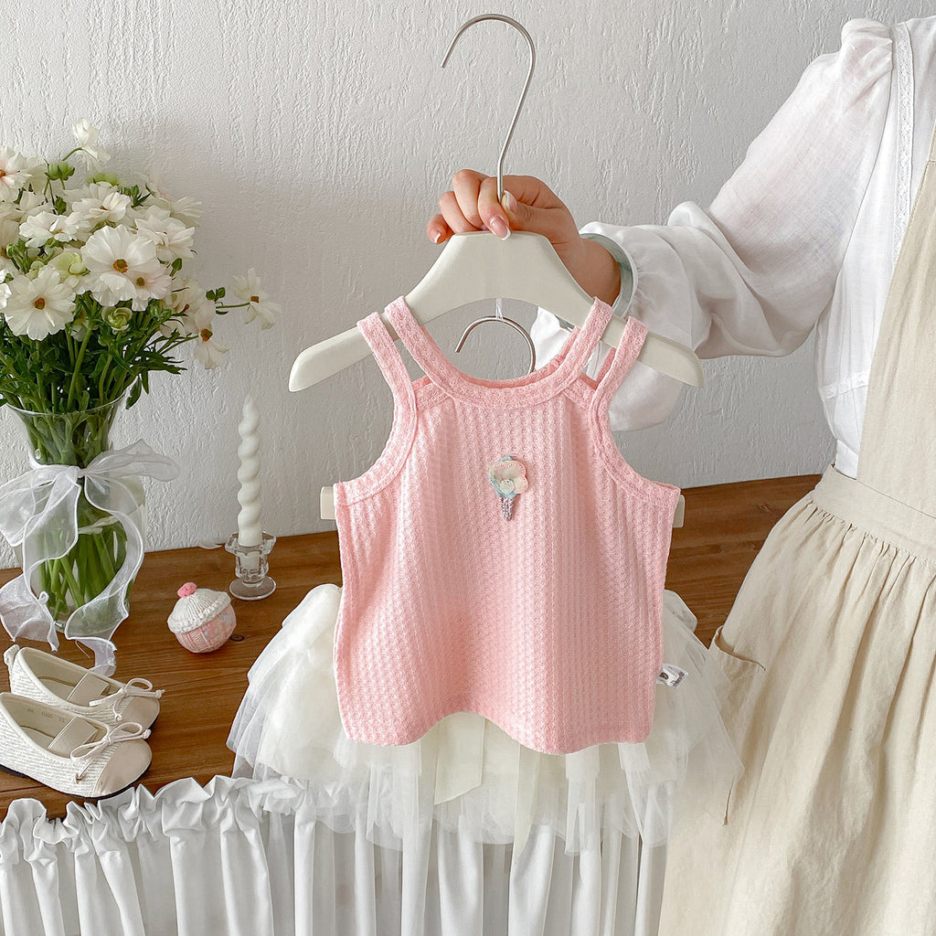 Summer New Baby Sweet Knit Vest with Breathable Bow Net Skirt Two-Piece Set