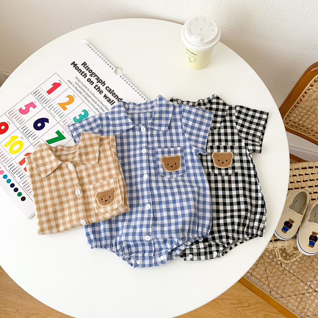 Summer Boy's Gentleman Collar Romper with Plaid Bear Pattern Lightweight Baby Onesie