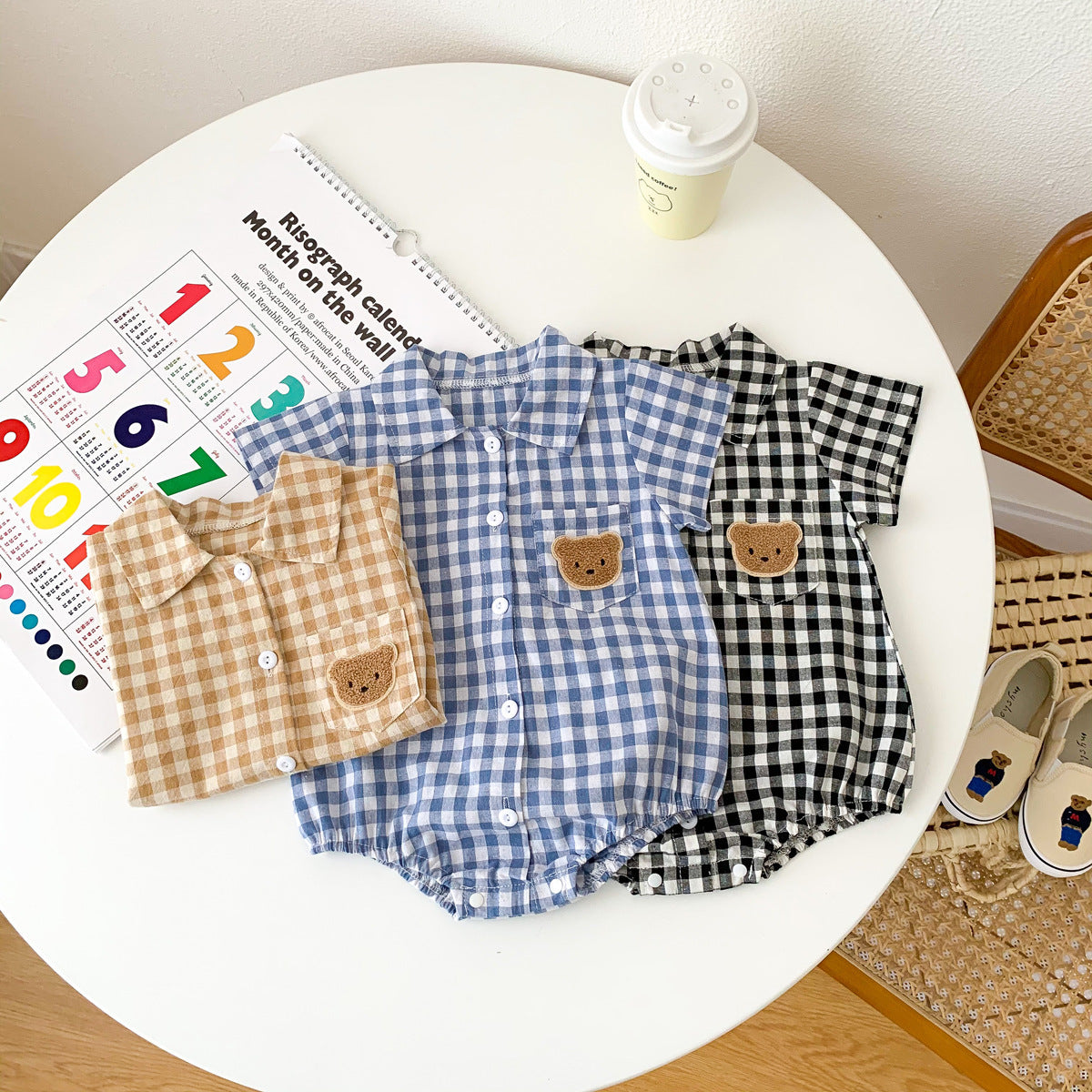 Summer Boy's Gentleman Collar Romper with Plaid Bear Pattern Lightweight Baby Onesie