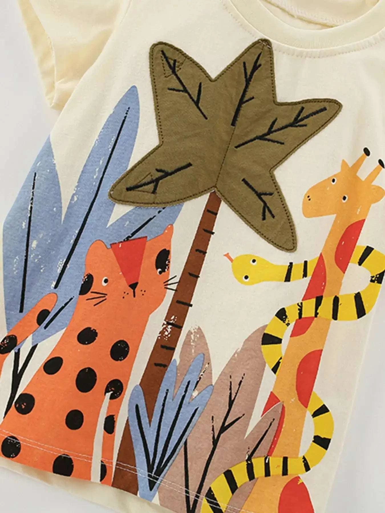 Kids beige t-shirt with tropical animals and plants front graphic