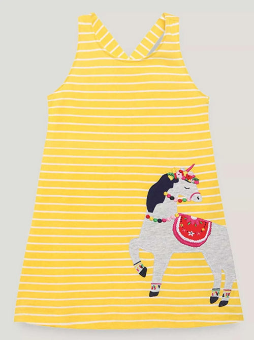 Children's yellow striped sleeveless dress with unicorn applique