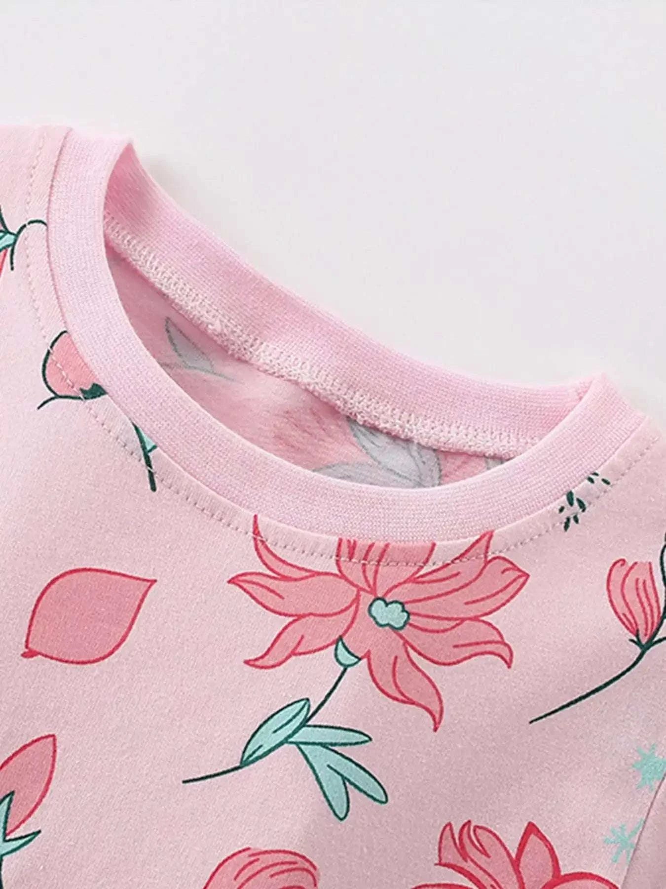 Blush pink floral print kids short-sleeve tee, round crew neck