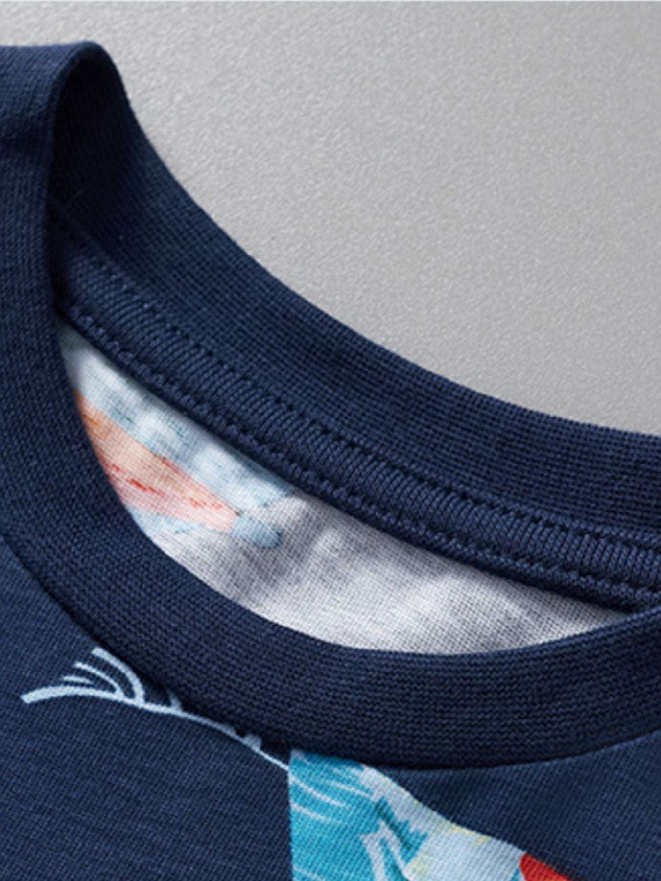 Navy kids T-shirt neckline with crew collar and visible printed inner fabric