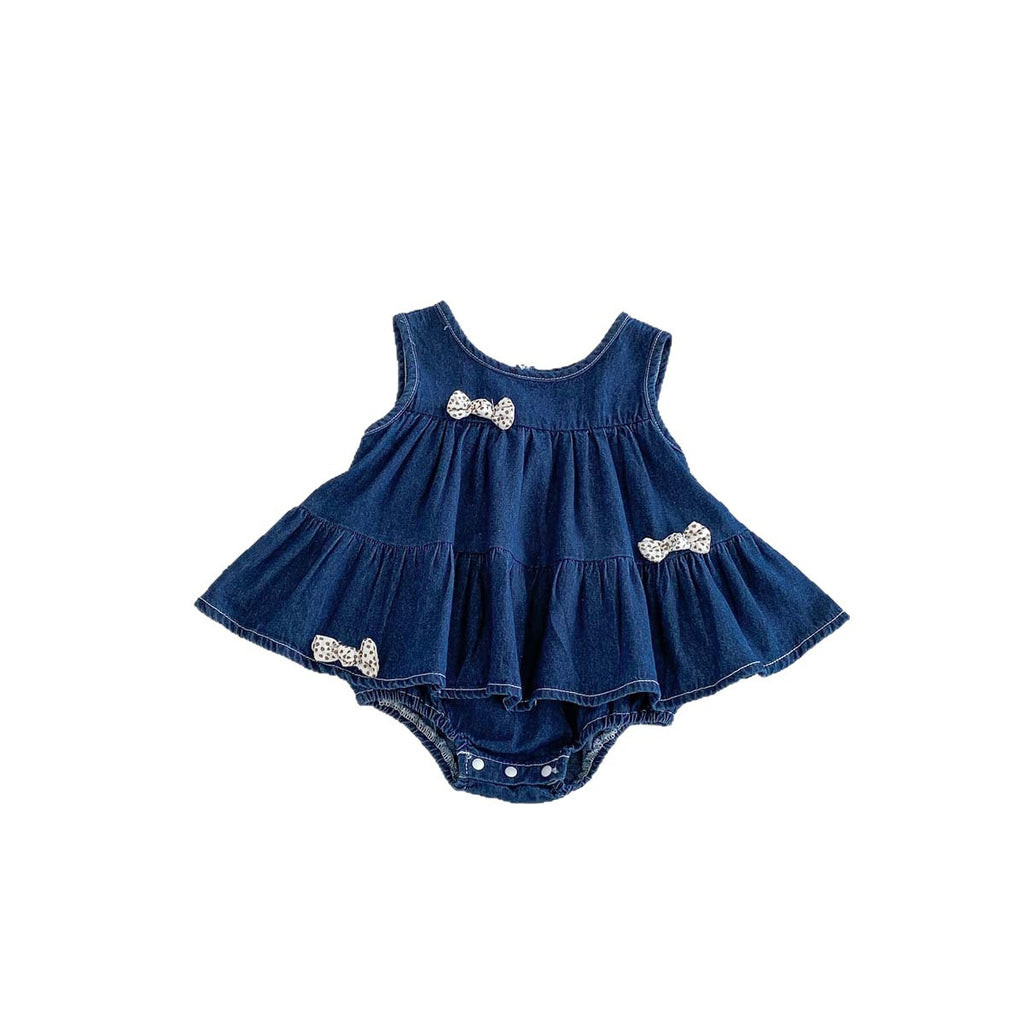 Child's Summer Sleeveless Denim Romper Dress with 3D Bow, Fashionable Baby Outfit