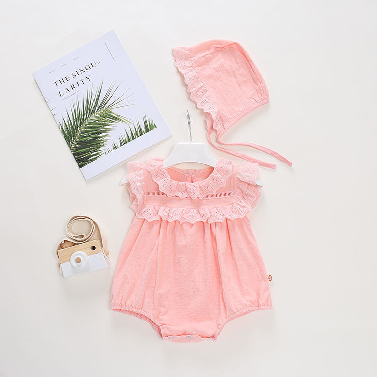 Baby Summer Lightweight Onesie for Girls with Lace Trim and Hat, Pure Cotton