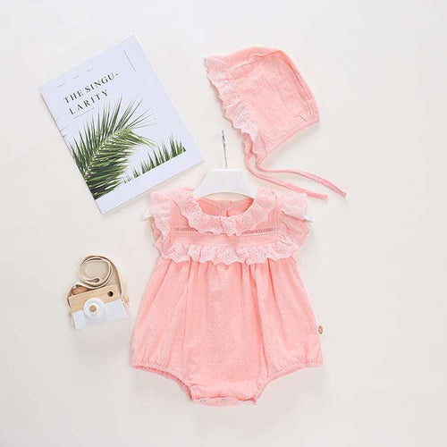 Pink lace-trim baby onesie with matching bonnet hat and ruffled yoke, pure cotton